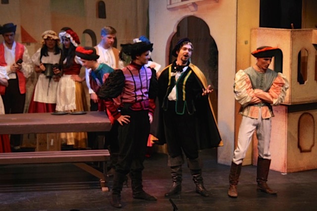Gremio (Kieran Corrigan, Fred/Petruchio (Ben Field), Hortensio (Ed Mears) and the Company